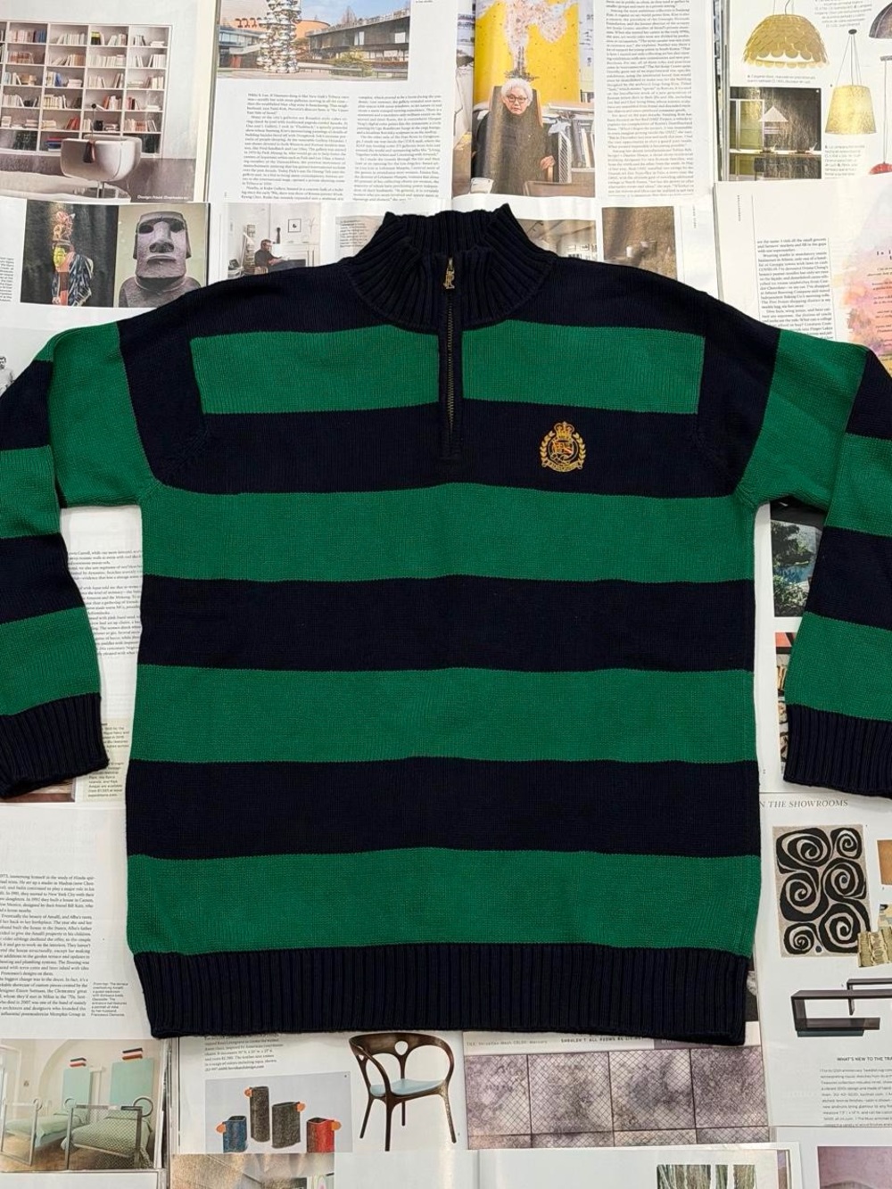 Ralph Lauren classic green& navy striped quarter zip knit sweater size P